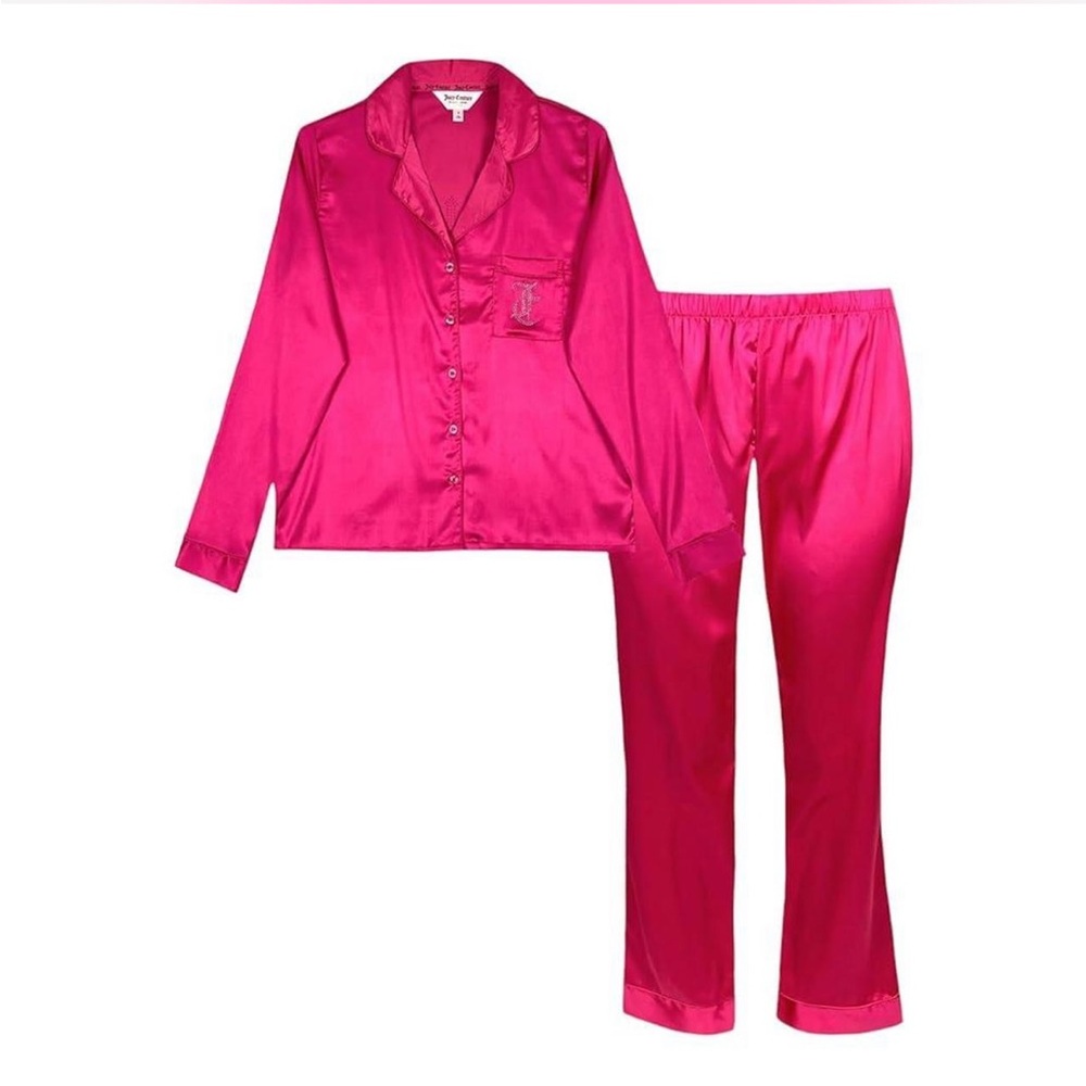 Juicy Couture Pink Long Sleeve Satin Rhinestone Pajama Set - Picture 1 of 4
